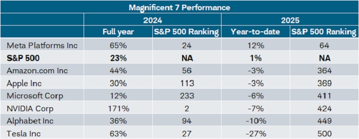 Not one of the Mag7 stocks is in the top-50 best performers this year, and only one (Meta) is outperforming the S&P 500 index itself, while Tesla is bringing up the rear in last place.