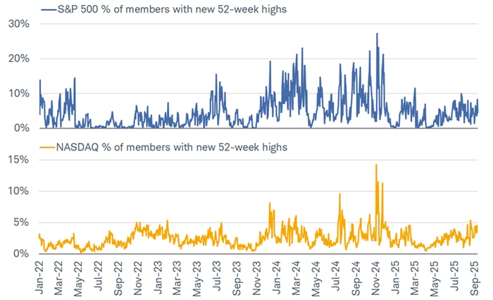 The share of stocks within the S&P 500 and Nasdaq that are trading a new 52-week highs is relative paltry 4.6% and 3.5%, respectively.