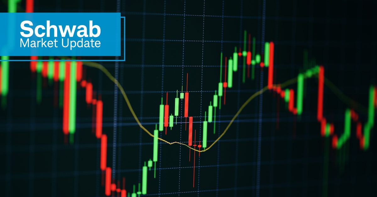 Schwab Market Update: A candlestick chart shows the market rising and falling.