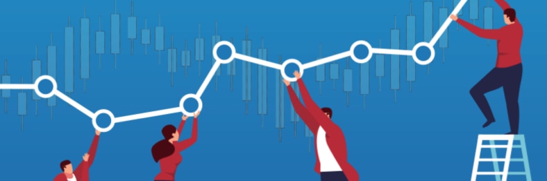 An illustration of people working together to lift and adjust a rising graph line against a blue background.