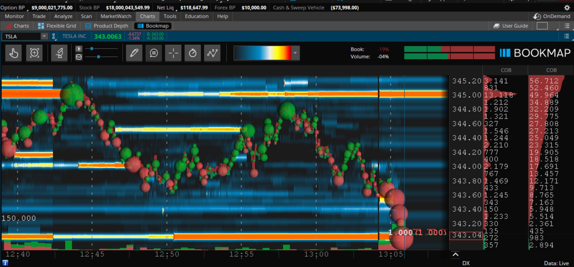 The Bookmap interface combines order book data with price data. Instead of candlesticks, price and order data appear as globes, with a larger globe indicating more trading volume. The Heat Map shows the amount of order book activity at each price level.
