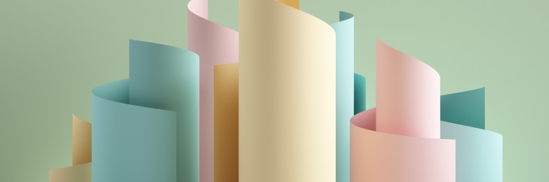 An abstract illustration of curved pastel-colored sheets of paper arranged vertically.