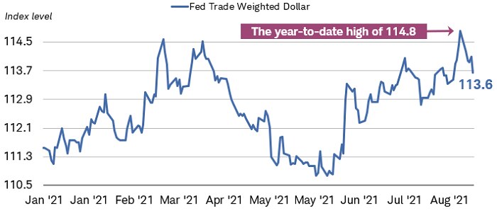 The U.S. Federal Reserve Trade-Weighted Nominal Dollar Index was at 113.6 points as of August 27, slightly below its year-to-date high of 114.8 points.
