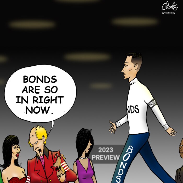 Cartoon image of a fashion model walking in a fashion show, with one spectator saying to another, "bonds are so in right now."