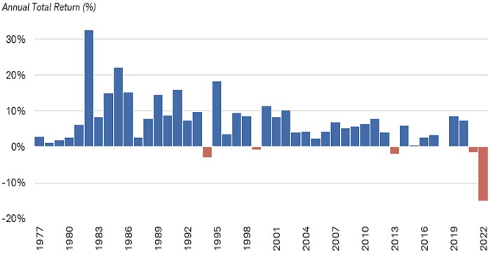 Chart shows annual total return for the Bloomberg US Aggregate Bond Index dating back to 1997. Returns were positive in all but five years.