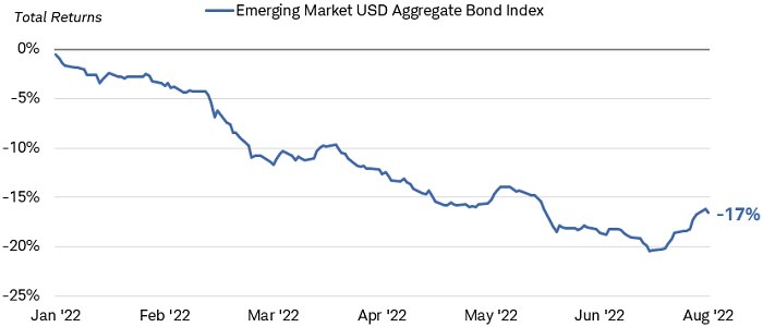 Chart shows total return for the Emerging Market USD Aggregate Bond Index between December 31, 2021 and 8/2/2022. As of 8/2/2022, the index was down 17%.