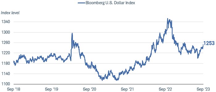 Chart shows the Bloomberg U.S. Dollar Index dating back to September 2018. As of September 5, 2023, the index was at 1253 index points, below the highs above 1340 reached in 2022, but still relatively supported based on its recent history.