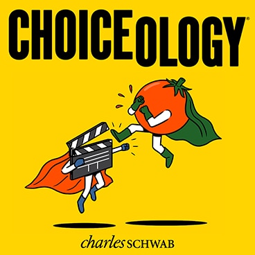 Choiceology text, underneath tomato and film slate dressed as caped heroes in combat
