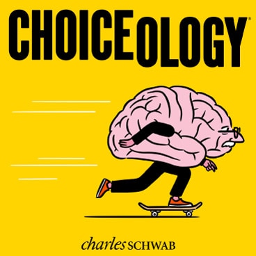 Illustration of a brain with glasses and a grey mustache, riding a skateboard