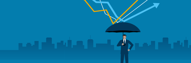 An illustration of a person with a black umbrella under yellow and blue arrows.