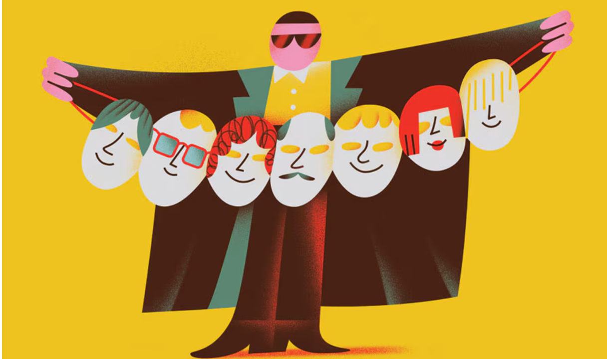 Ilustración de una persona siniestra con un abrigo largo y oscuro sosteniendo varias máscaras sonrientes, que representan diferentes identidades falsas. 