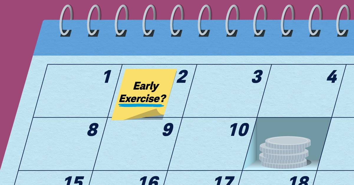 A calendar is displayed with coins on one date and a Post-It note with the words "early exercise" written on it on an earlier date. The image represents a trader deciding whether they should exercise an option early due to the underlying stock's upcoming dividend.