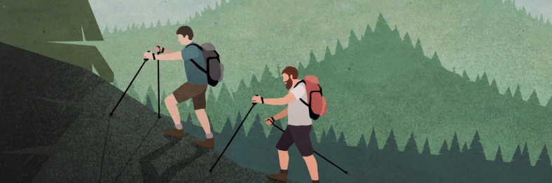 An illustration of two hikers with backpacks climbing uphill in a forested area.