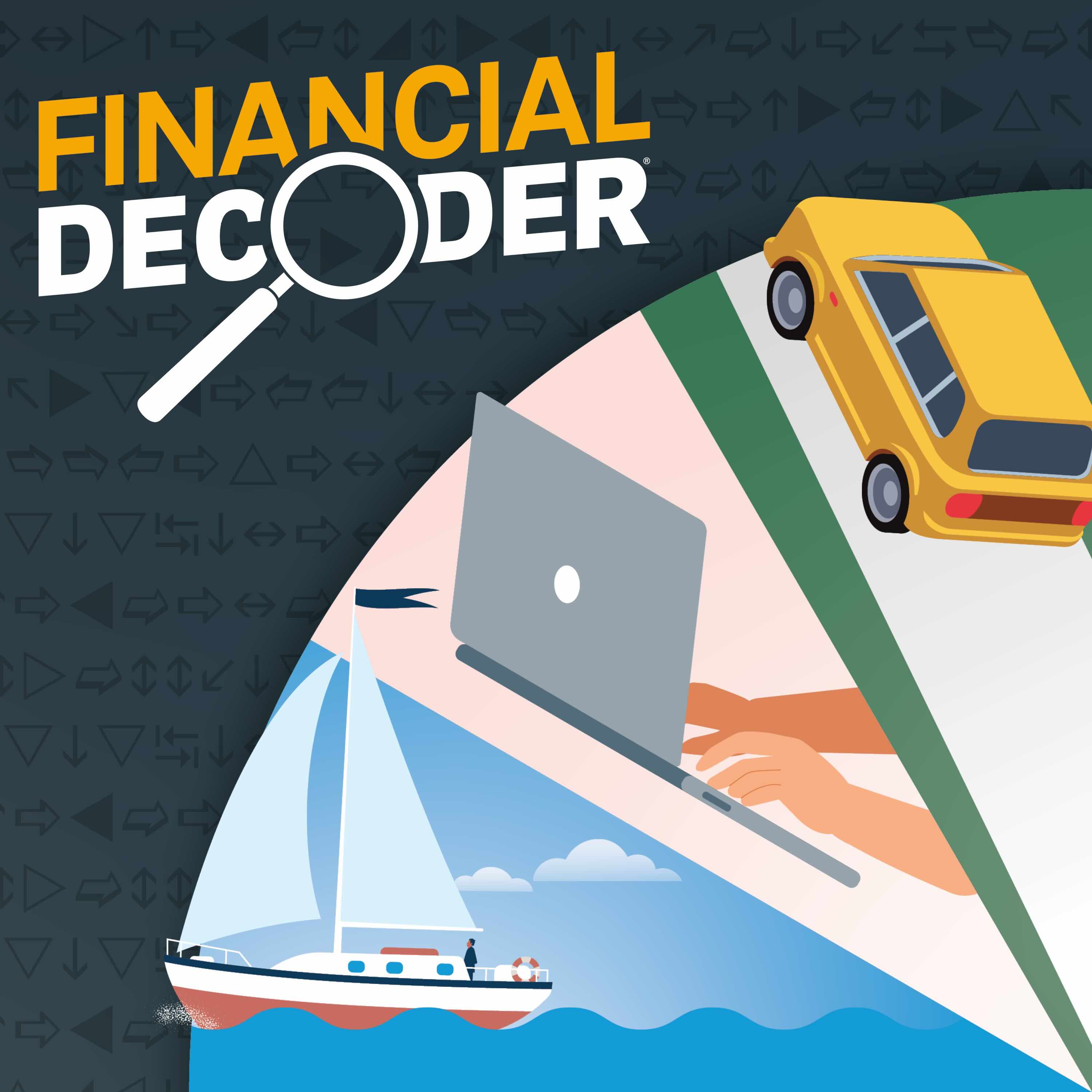 illustrations of a car, laptop, and sailboat