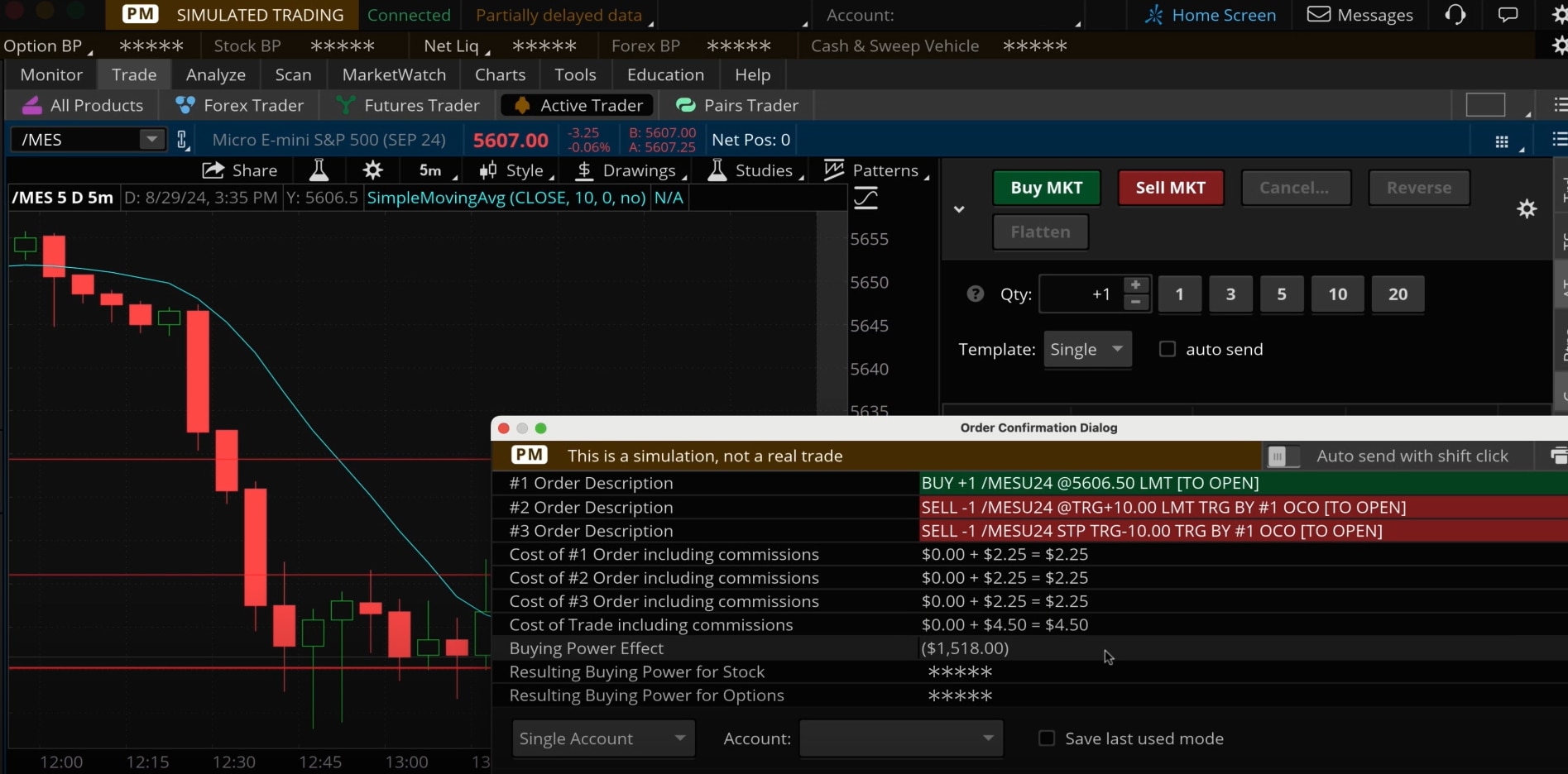 Order ticket showing Buy +1 /MESH24 5,606.50 limit to open; sell –1 /MESH25 TRG plus 10 limit TRG #1 OCO to open; sell –1 /MESH25 stop TRG order–10 TRG by #1 OCO to open. Buying power effect $1,518.