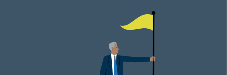 An illustration of a person holding a yellow flag against a dark background.