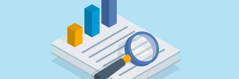 An illustration of documents with a magnifying glass and bar graphs, symbolizing analysis or research.