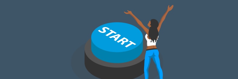 An illustration of a person standing with arms raised in front of a large blue 'Start' button.