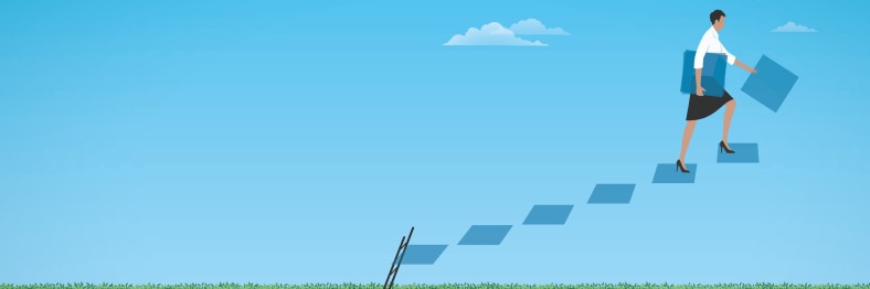 An illustration of a person building and climbing blue steps upward.