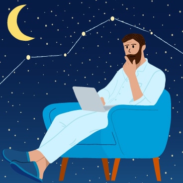A cartoon image of a man, wearing pajamas, sits thoughtfully in a chair looking at his laptop. In the background is a night sky with a crescent moon and stars connected by a line graph.