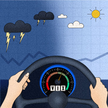 An investor driving a car with a VIX symbol on the dash.