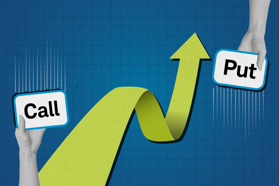 An image showing rising interest rates impact on options prices, with a call placard shown rising, while a put placard is shown falling. Rising rates benefit call values but hurt put values.