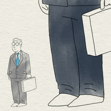 Two traders in suits standing next to one very large trader in a suit, representing a large trader who would be required to comply with large trader reporting requirements.