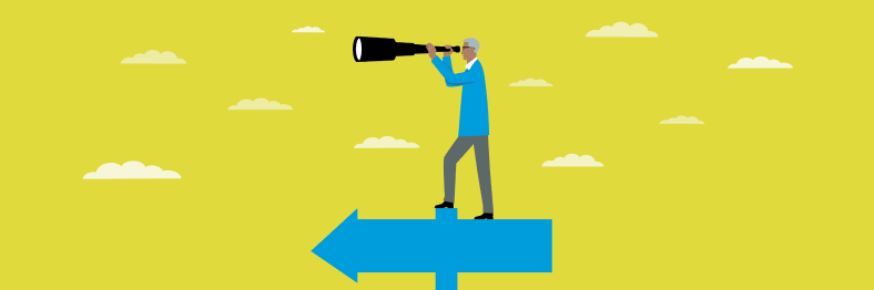 An illustration of a person standing on a large blue arrow, looking through a telescope against a yellow sky with clouds.
