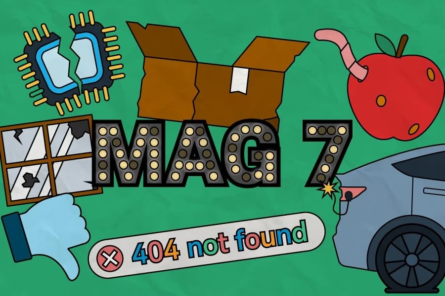 MAG 7 sign surrounded by an open box, broken computer chip, broken mirror, thumb down, 404 not found sign, charging electric car, and an apple with a worm.