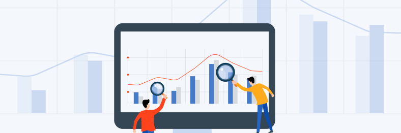 An illustration of two people using magnifying glasses to analyze bar and line graphs displayed on a large screen.