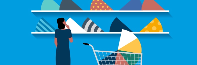 An illustration of a person with a shopping cart, browsing shelves filled with colorful pie chart segments.