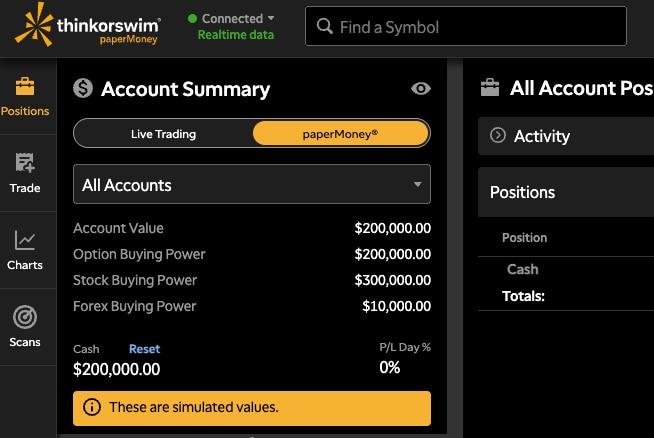 Example shows a paperMoney account, confirming these are simulated values. 