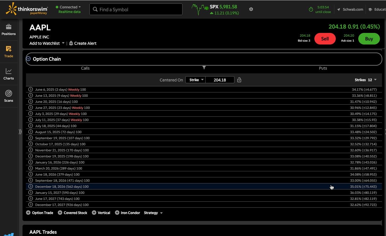 An example Option Chain on the Trade tab for Apple stock, ranging from June 2025 weekly options through December 2027 contracts. 