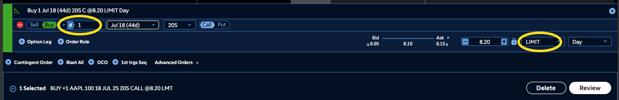Here's a preview of a limit order for the purchase of one call contract at the July 18, 2025, 205 strike price. Traders may delete or further review this order before confirming.