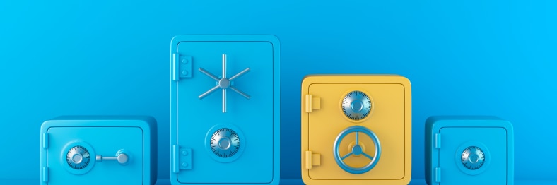 An illustration of three colorful safes, two blue and one yellow, against a bright blue background.