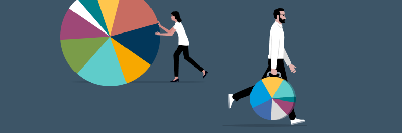 An illustration of two people interacting with colorful pie charts.