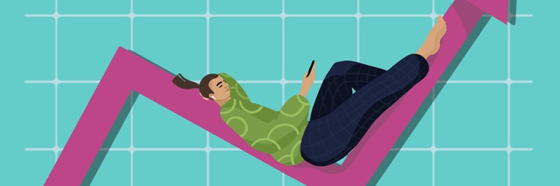 An illustration of a person lounging on an upward-trending pink graph line while looking at their phone.