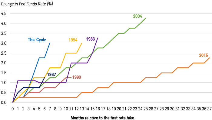 The pace of Fed rate hikes is rapid compared to previous cycles.