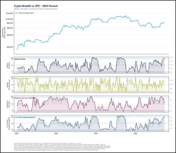 Chart showing the percentage of the top 25 cryptocurrencies outperforming bitcoin over the past twelve weeks. More than 90% of assets have recently outperformed bitcoin, a sign of strong market breadth that has historically occurred during more mature phases of a bull market.
