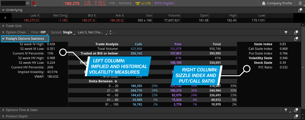 Image demonstrates Today's Options Statistics including implied and historical volatility, the Sizzle Index, and the put/call ratio.