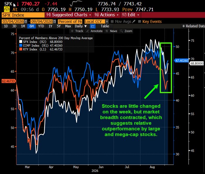 Stocks are little changed on the week, but market breadth contracted, which suggests relative outperformance by large and mega-cap stocks.