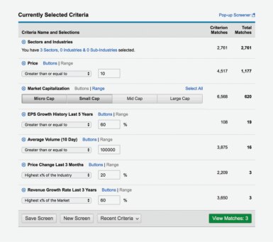 Screeners tool screen shot