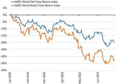 Line graph of year to date performance of MSCI World Net Total Return Index and the MSCI World Retail Total Return Index, the latter underperforming through the end of June. 