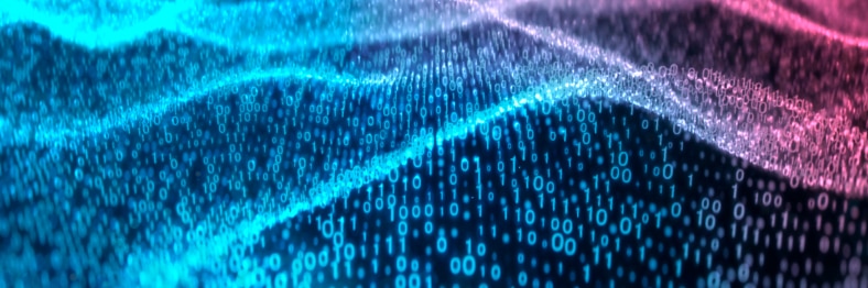 An abstract image of digital waves made up of glowing blue and pink data points.