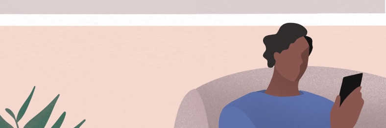 An illustration of a person sitting and looking at a smartphone.