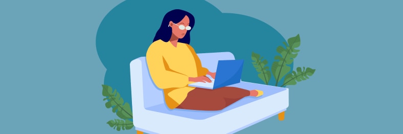 An illustration of a woman sitting on a couch, working on a laptop, with plants in the background.